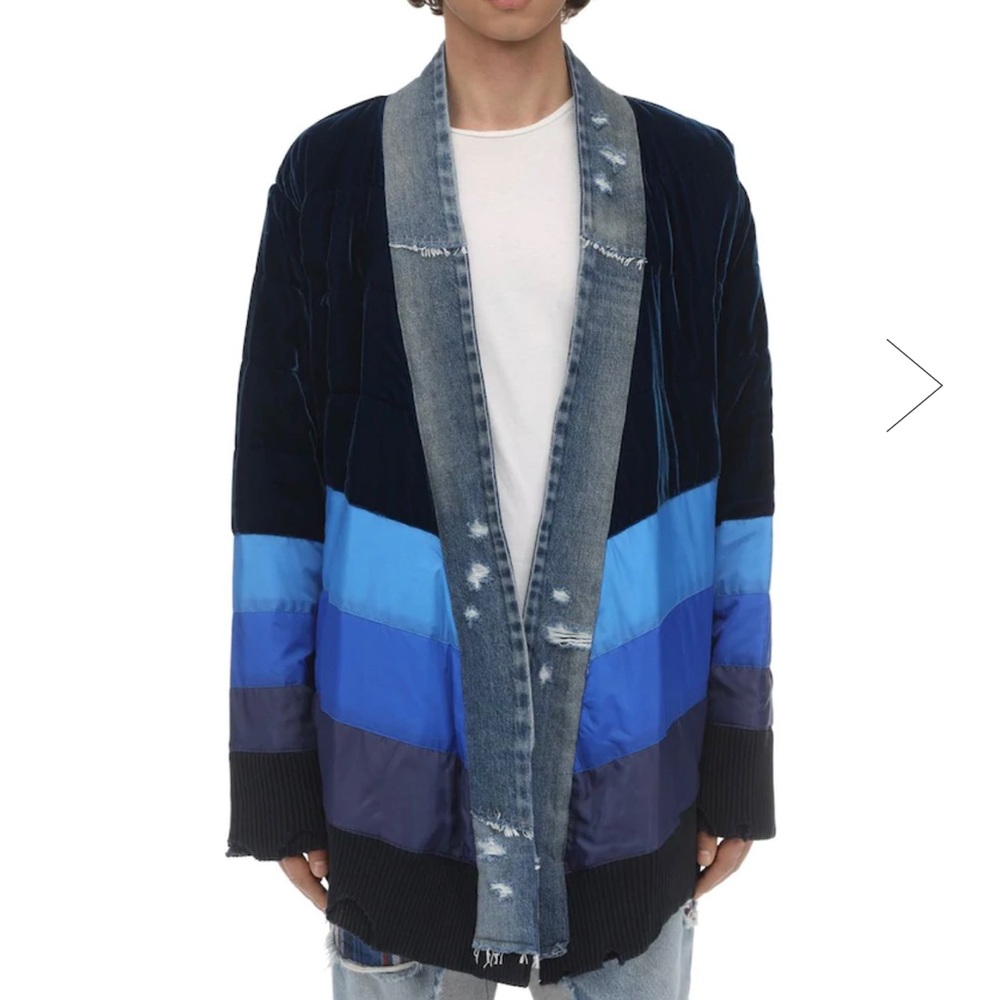 Men's Blue Multi-Panel Quilted Jacket with Denim Trim